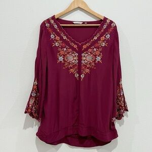 Soft Surroundings V-Neck Embroidered Bell Sleeves Tunic Fuchsia Magenta Size L